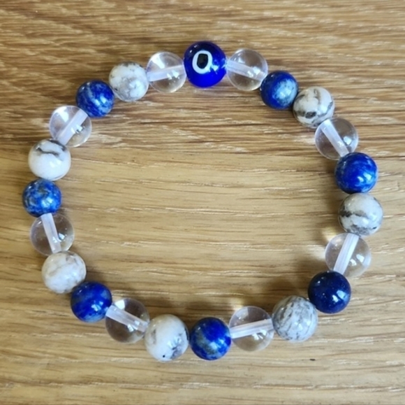 Blue Evil Eye Intention Bead Stretch Hand Crafted Bracelet - Picture 1 of 9